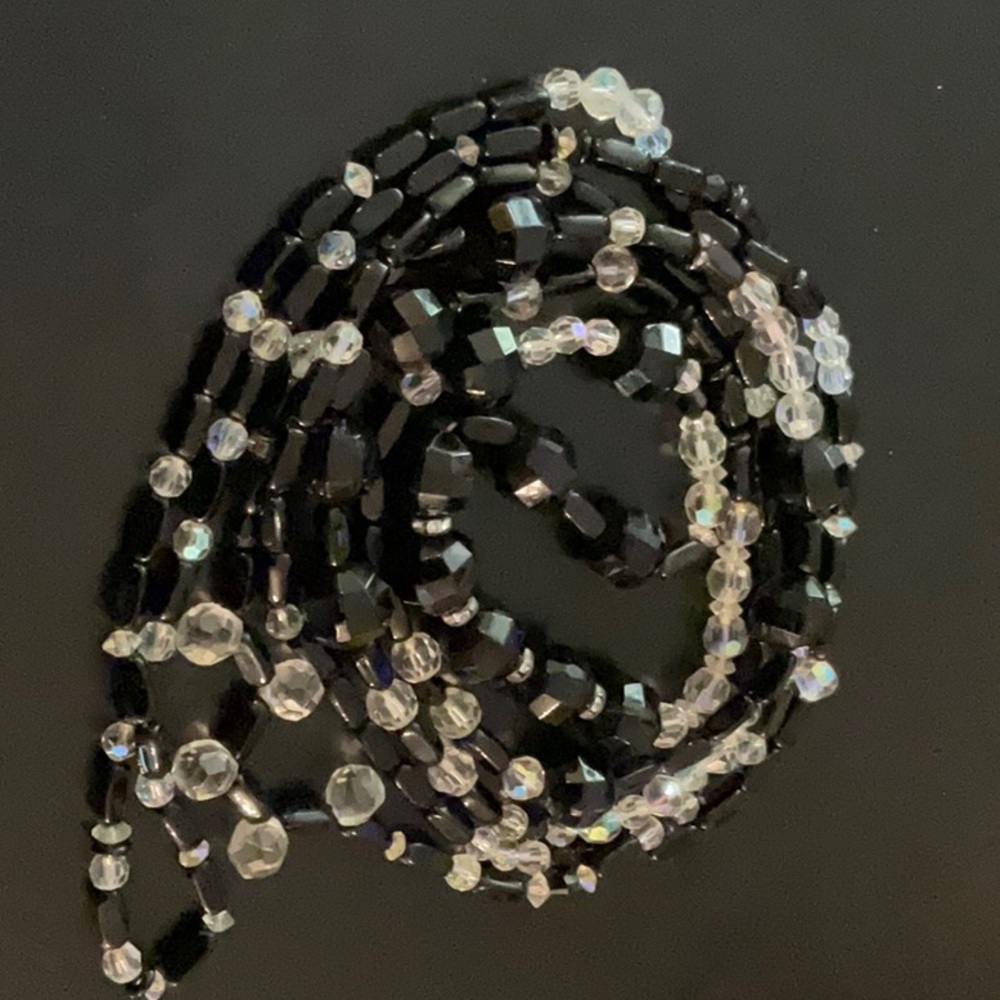 Black Glass And Crystal Beautiful necklace 38”